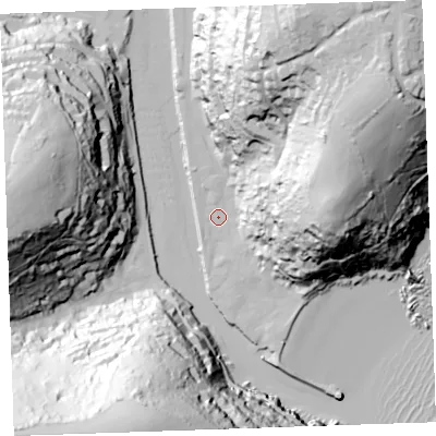 Shaded relief map of the ground around PL131AE, computed from Environment Agency LiDAR. The ground here sits at about 3 m above sea level and falls 99 m across the surrounding 800 m. Surface water reaching this point runs off ground lying to the north-east, 88.4 m higher.