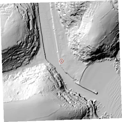 Shaded relief map of the ground around PL131AH, computed from Environment Agency LiDAR. The ground here sits at about 3 m above sea level and falls 104 m across the surrounding 800 m. Surface water reaching this point runs off ground lying to the south-west, 102.6 m higher.