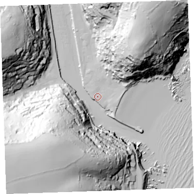 Shaded relief map of the ground around PL131AJ, computed from Environment Agency LiDAR. The ground here sits at about 3 m above sea level and falls 103 m across the surrounding 800 m. Surface water reaching this point runs off ground lying to the north-east, 74.3 m higher.