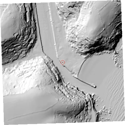 Shaded relief map of the ground around PL131AL, computed from Environment Agency LiDAR. The ground here sits at about 3 m above sea level and falls 104 m across the surrounding 800 m. Surface water reaching this point runs off ground lying to the south-west, 102.0 m higher.