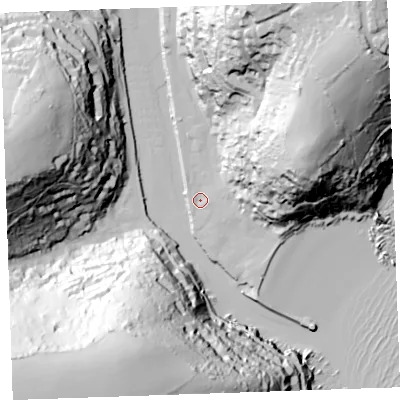 Shaded relief map of the ground around PL131AP, computed from Environment Agency LiDAR. The ground here sits at about 3 m above sea level and falls 103 m across the surrounding 800 m. Surface water reaching this point runs off ground lying to the north-east, 88.4 m higher.