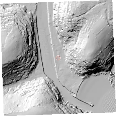 Shaded relief map of the ground around PL131AQ, computed from Environment Agency LiDAR. The ground here sits at about 3 m above sea level and falls 99 m across the surrounding 800 m. Surface water reaching this point runs off ground lying to the north-east, 88.4 m higher.