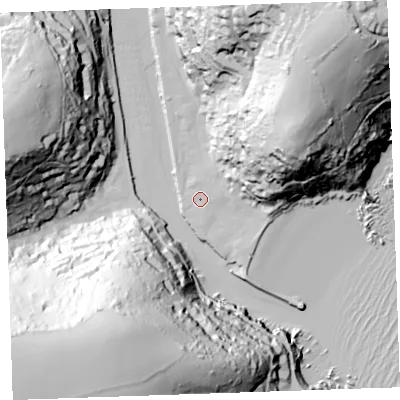 Shaded relief map of the ground around PL131AR, computed from Environment Agency LiDAR. The ground here sits at about 4 m above sea level and falls 103 m across the surrounding 800 m. Surface water reaching this point runs off ground lying to the east-north-east, 2.2 m higher.