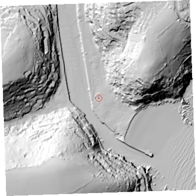 Shaded relief map of the ground around PL131AS, computed from Environment Agency LiDAR. The ground here sits at about 3 m above sea level and falls 104 m across the surrounding 800 m. Surface water reaching this point runs off ground lying to the north-east, 88.4 m higher.