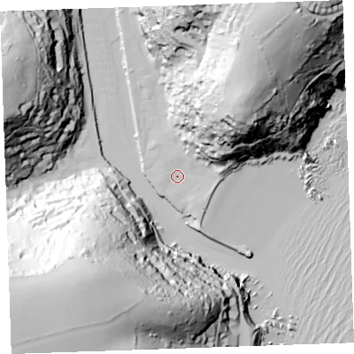 Shaded relief map of the ground around PL131AT, computed from Environment Agency LiDAR. The ground here sits at about 3 m above sea level and falls 102 m across the surrounding 800 m. Surface water reaching this point runs off ground lying to the north-east, 74.3 m higher.