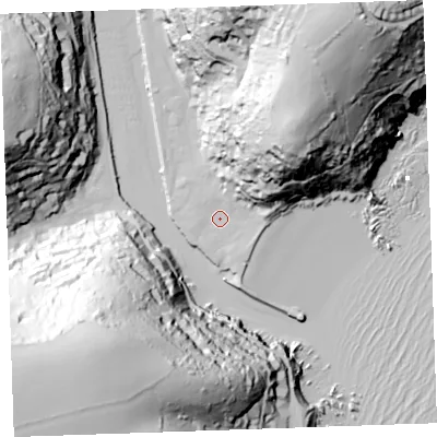 Shaded relief map of the ground around PL131AU, computed from Environment Agency LiDAR. The ground here sits at about 4 m above sea level and falls 102 m across the surrounding 800 m. Surface water reaching this point runs off ground lying to the north-east, 74.3 m higher.