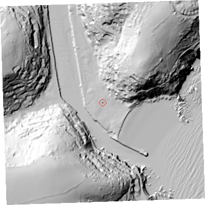 Shaded relief map of the ground around PL131AX, computed from Environment Agency LiDAR. The ground here sits at about 4 m above sea level and falls 102 m across the surrounding 800 m. Surface water reaching this point runs off ground lying to the north-east, 74.3 m higher.