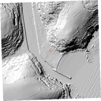 Shaded relief map of the ground around PL131AY, computed from Environment Agency LiDAR. The ground here sits at about 5 m above sea level and falls 102 m across the surrounding 800 m. Surface water reaching this point runs off ground lying to the north-east, 73.3 m higher.