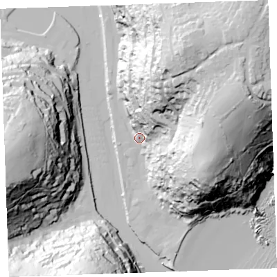 Shaded relief map of the ground around PL131BJ, computed from Environment Agency LiDAR. The ground here sits at about 8 m above sea level and falls 96 m across the surrounding 800 m. Surface water reaching this point runs off ground lying to the east-north-east, 87.7 m higher.