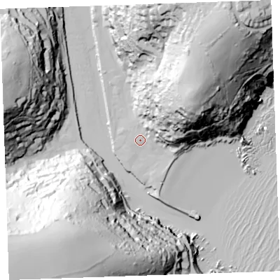 Shaded relief map of the ground around PL131BP, computed from Environment Agency LiDAR. The ground here sits at about 5 m above sea level and falls 102 m across the surrounding 800 m. Surface water reaching this point runs off ground lying to the north-east, 73.4 m higher.