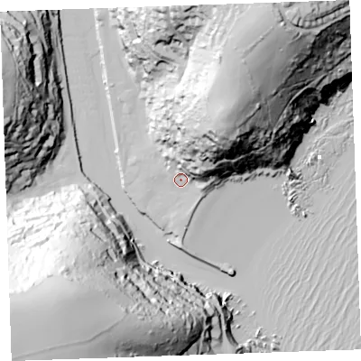 Shaded relief map of the ground around PL131BS, computed from Environment Agency LiDAR. The ground here sits at about 6 m above sea level and falls 100 m across the surrounding 800 m. Surface water reaching this point runs off ground lying to the north-east, 73.2 m higher.