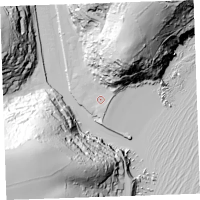 Shaded relief map of the ground around PL131BT, computed from Environment Agency LiDAR. The ground here sits at about 4 m above sea level and falls 100 m across the surrounding 800 m. Surface water reaching this point runs off ground lying to the east-north-east, 4.3 m higher.