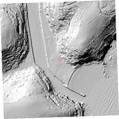 Shaded relief map of the ground around PL131BW, computed from Environment Agency LiDAR. The ground here sits at about 5 m above sea level and falls 102 m across the surrounding 800 m. Surface water reaching this point runs off ground lying to the north-east, 73.8 m higher.