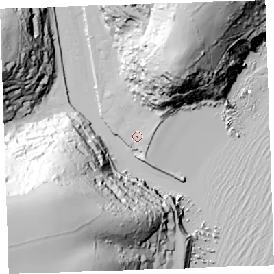 Shaded relief map of the ground around PL131BX, computed from Environment Agency LiDAR. The ground here sits at about 5 m above sea level and falls 101 m across the surrounding 800 m. Surface water reaching this point runs off ground lying to the north-east, 4.8 m higher.