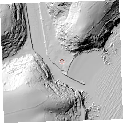 Shaded relief map of the ground around PL131BY, computed from Environment Agency LiDAR. The ground here sits at about 4 m above sea level and falls 102 m across the surrounding 800 m. Surface water reaching this point runs off ground lying to the east-north-east, 4.8 m higher.