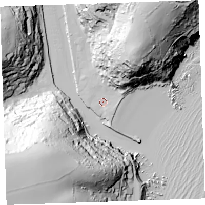 Shaded relief map of the ground around PL131BZ, computed from Environment Agency LiDAR. The ground here sits at about 4 m above sea level and falls 101 m across the surrounding 800 m. Surface water reaching this point runs off ground lying to the east-north-east, 5.0 m higher.