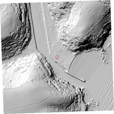 Shaded relief map of the ground around PL131DA, computed from Environment Agency LiDAR. The ground here sits at about 4 m above sea level and falls 103 m across the surrounding 800 m. Surface water reaching this point runs off ground lying to the north-east, 74.3 m higher.
