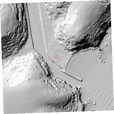 Shaded relief map of the ground around PL131DB, computed from Environment Agency LiDAR. The ground here sits at about 3 m above sea level and falls 102 m across the surrounding 800 m. Surface water reaching this point runs off ground lying to the north-east, 74.3 m higher.