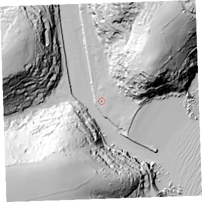 Shaded relief map of the ground around PL131DF, computed from Environment Agency LiDAR. The ground here sits at about 3 m above sea level and falls 104 m across the surrounding 800 m. Surface water reaching this point runs off ground lying to the east-north-east, 2.3 m higher.