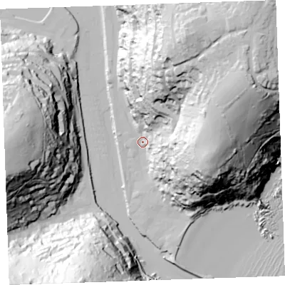 Shaded relief map of the ground around PL131DL, computed from Environment Agency LiDAR. The ground here sits at about 4 m above sea level and falls 95 m across the surrounding 800 m. Surface water reaching this point runs off ground lying to the east-north-east, 88.3 m higher.
