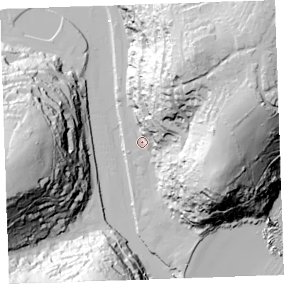 Shaded relief map of the ground around PL131DN, computed from Environment Agency LiDAR. The ground here sits at about 4 m above sea level and falls 95 m across the surrounding 800 m. Surface water reaching this point runs off ground lying to the north-north-east, 63.2 m higher.