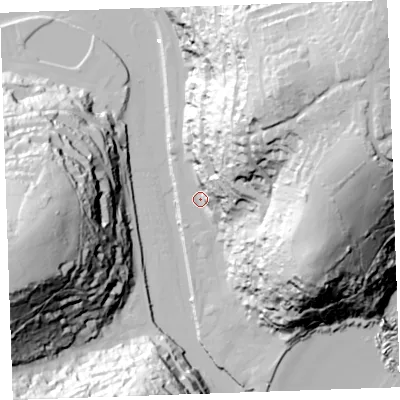 Shaded relief map of the ground around PL131DP, computed from Environment Agency LiDAR. The ground here sits at about 4 m above sea level and falls 95 m across the surrounding 800 m. Surface water reaching this point runs off ground lying to the north-east, 72.4 m higher.
