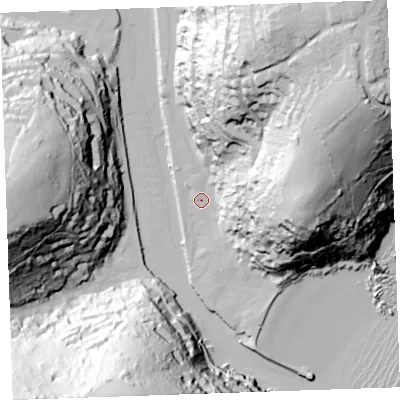 Shaded relief map of the ground around PL131DQ, computed from Environment Agency LiDAR. The ground here sits at about 3 m above sea level and falls 94 m across the surrounding 800 m. Surface water reaching this point runs off ground lying to the north-east, 88.4 m higher.