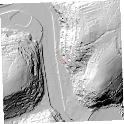 Shaded relief map of the ground around PL131DS, computed from Environment Agency LiDAR. The ground here sits at about 3 m above sea level and falls 94 m across the surrounding 800 m. Surface water reaching this point runs off ground lying to the north-east, 72.1 m higher.