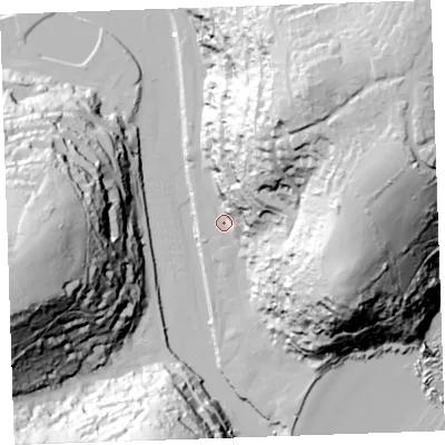 Shaded relief map of the ground around PL131DT, computed from Environment Agency LiDAR. The ground here sits at about 3 m above sea level and falls 95 m across the surrounding 800 m. Surface water reaching this point runs off ground lying to the north-east, 63.2 m higher.