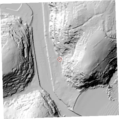 Shaded relief map of the ground around PL131DU, computed from Environment Agency LiDAR. The ground here sits at about 4 m above sea level and falls 95 m across the surrounding 800 m. Surface water reaching this point runs off ground lying to the east-north-east, 88.3 m higher.