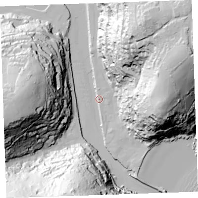 Shaded relief map of the ground around PL131DX, computed from Environment Agency LiDAR. The ground here sits at about 3 m above sea level and falls 94 m across the surrounding 800 m. Surface water reaching this point runs off ground lying to the west, 78.7 m higher.