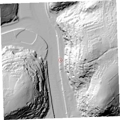 Shaded relief map of the ground around PL131HA, computed from Environment Agency LiDAR. The ground here sits at about 4 m above sea level and falls 92 m across the surrounding 800 m. Surface water reaching this point runs off ground lying to the east-north-east, 89.7 m higher.