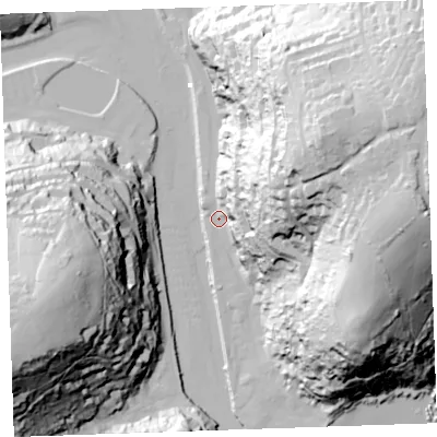 Shaded relief map of the ground around PL131HH, computed from Environment Agency LiDAR. The ground here sits at about 4 m above sea level and falls 93 m across the surrounding 800 m. Surface water reaching this point runs off ground lying to the east-north-east, 72.1 m higher.
