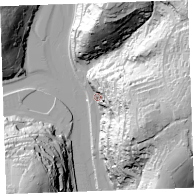 Shaded relief map of the ground around PL131HN, computed from Environment Agency LiDAR. The ground here sits at about 12 m above sea level and falls 92 m across the surrounding 800 m. Surface water reaching this point runs off ground lying to the east, 70.8 m higher.