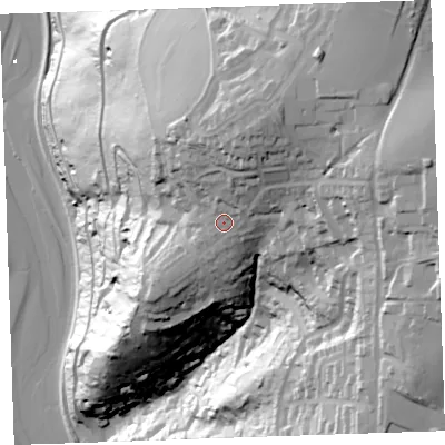 Shaded relief map of the ground around PL131NB, computed from Environment Agency LiDAR. The ground here sits at about 84 m above sea level and falls 114 m across the surrounding 800 m. Surface water reaching this point runs off ground lying to the north-north-east, 13.4 m higher.
