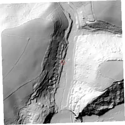 Shaded relief map of the ground around PL131NY, computed from Environment Agency LiDAR. The ground here sits at about 9 m above sea level and falls 107 m across the surrounding 800 m. Surface water reaching this point runs off ground lying to the west, 99.4 m higher.