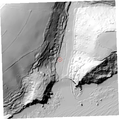 Shaded relief map of the ground around PL131PD, computed from Environment Agency LiDAR. The ground here sits at about 4 m above sea level and falls 108 m across the surrounding 800 m. Surface water reaching this point runs off ground lying to the west-north-west, 102.2 m higher.