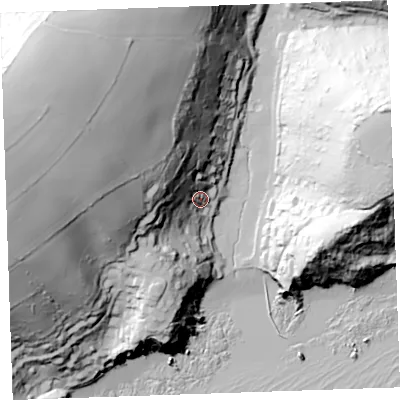 Shaded relief map of the ground around PL131PE, computed from Environment Agency LiDAR. The ground here sits at about 18 m above sea level and falls 108 m across the surrounding 800 m. Surface water reaching this point runs off ground lying to the north-west, 93.5 m higher.