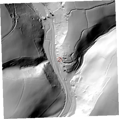 Shaded relief map of the ground around PL131PJ, computed from Environment Agency LiDAR. The ground here sits at about 10 m above sea level and falls 97 m across the surrounding 800 m. Surface water reaching this point runs off ground lying to the north-east, 39.2 m higher.