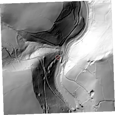 Shaded relief map of the ground around PL131PL, computed from Environment Agency LiDAR. The ground here sits at about 10 m above sea level and falls 122 m across the surrounding 800 m. Surface water reaching this point runs off ground lying to the west, 48.1 m higher.