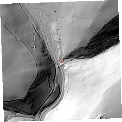 Shaded relief map of the ground around PL131PW, computed from Environment Agency LiDAR. The ground here sits at about 7 m above sea level and falls 129 m across the surrounding 800 m. Surface water reaching this point runs off ground lying to the south-east, 122.2 m higher.