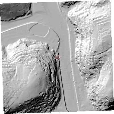 Shaded relief map of the ground around PL132AE, computed from Environment Agency LiDAR. The ground here sits at about 7 m above sea level and falls 98 m across the surrounding 800 m. Surface water reaching this point runs off ground lying to the south-west, 68.7 m higher.