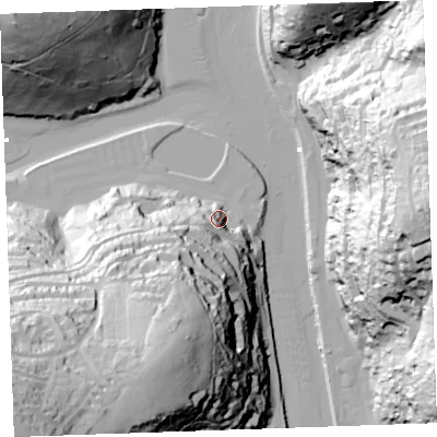 Shaded relief map of the ground around PL132AF, computed from Environment Agency LiDAR. The ground here sits at about 11 m above sea level and falls 105 m across the surrounding 800 m. Surface water reaching this point runs off ground lying to the south-south-west, 72.0 m higher.