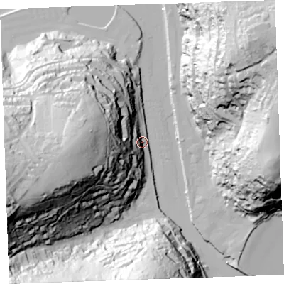 Shaded relief map of the ground around PL132BU, computed from Environment Agency LiDAR. The ground here sits at about 5 m above sea level and falls 96 m across the surrounding 800 m. Surface water reaching this point runs off ground lying to the west, 78.9 m higher.