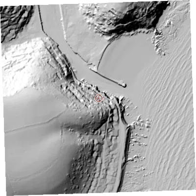 Shaded relief map of the ground around PL132DE, computed from Environment Agency LiDAR. The ground here sits at about 24 m above sea level and falls 100 m across the surrounding 800 m. Surface water reaching this point runs off ground lying to the west-south-west, 65.7 m higher.