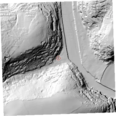 Shaded relief map of the ground around PL132EP, computed from Environment Agency LiDAR. The ground here sits at about 4 m above sea level and falls 105 m across the surrounding 800 m. Surface water reaching this point runs off ground lying to the south-west, 99.9 m higher.