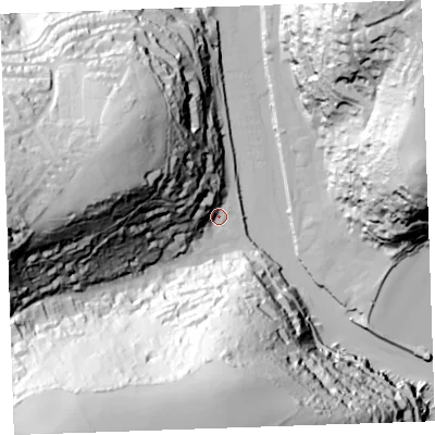 Shaded relief map of the ground around PL132ER, computed from Environment Agency LiDAR. The ground here sits at about 3 m above sea level and falls 104 m across the surrounding 800 m. Surface water reaching this point runs off ground lying to the west-north-west, 79.4 m higher.