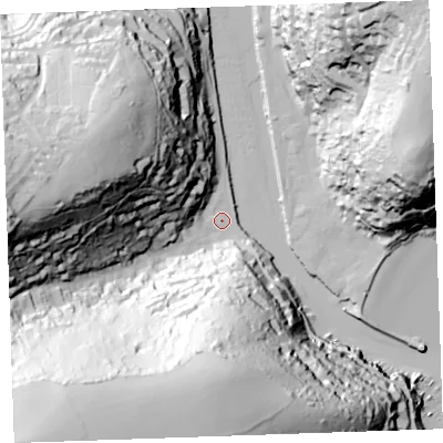 Shaded relief map of the ground around PL132ES, computed from Environment Agency LiDAR. The ground here sits at about 3 m above sea level and falls 105 m across the surrounding 800 m. Surface water reaching this point runs off ground lying to the south-west, 99.9 m higher.