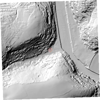 Shaded relief map of the ground around PL132ET, computed from Environment Agency LiDAR. The ground here sits at about 4 m above sea level and falls 105 m across the surrounding 800 m. Surface water reaching this point runs off ground lying to the south-west, 99.1 m higher.