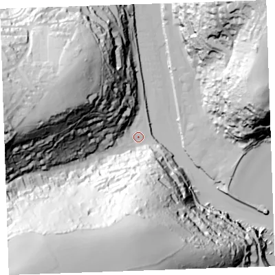 Shaded relief map of the ground around PL132EU, computed from Environment Agency LiDAR. The ground here sits at about 3 m above sea level and falls 105 m across the surrounding 800 m. Surface water reaching this point runs off ground lying to the south-west, 100.0 m higher.